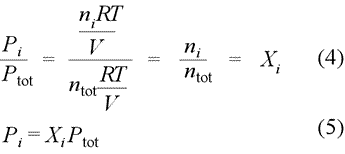 Equation showing that the ratio of the patrial pressure of a gas (component i of the mixture) divided by total pressure 
		  is equal to the mole fraction of component i.