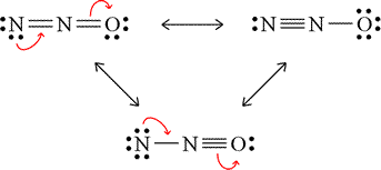 Lewis structures for non-equivalent resonance forms of dinitrogen monoxide (click on image to see formal charge assignments)